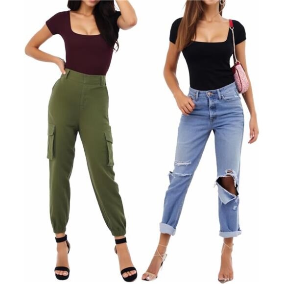 Women's Bodysuit Short Sleeve Shirt Tops Burgundy - Picture 4 of 5